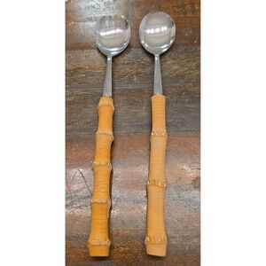 MCM Bamboo Handled Salad Serving Utensils Fork And Spoon, Made In Japan